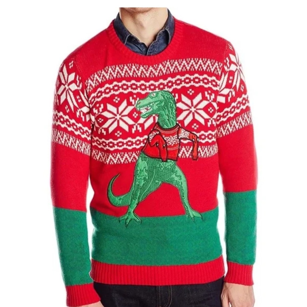 Blizzard Bay T Rex Dinosaur Fair Isle Ugly Christmas Sweater Men’s Medium